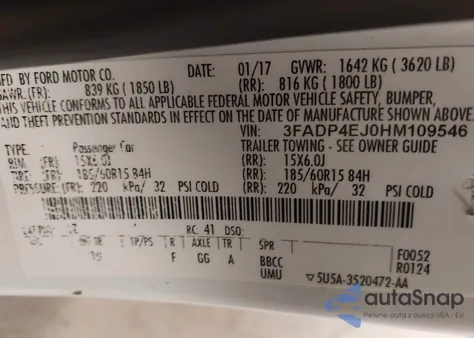 2017 Ford Fiesta Se z USA, uszkodzony, nr VIN 3FADP4EJ0HM109546